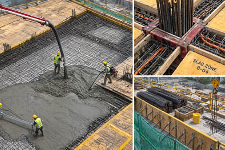 Formwork in terms of construction consists of all parts of the temporary structure of formwork panels supported by formwork columns or other support and of formwork accessories to pour concrete and to allow it to set